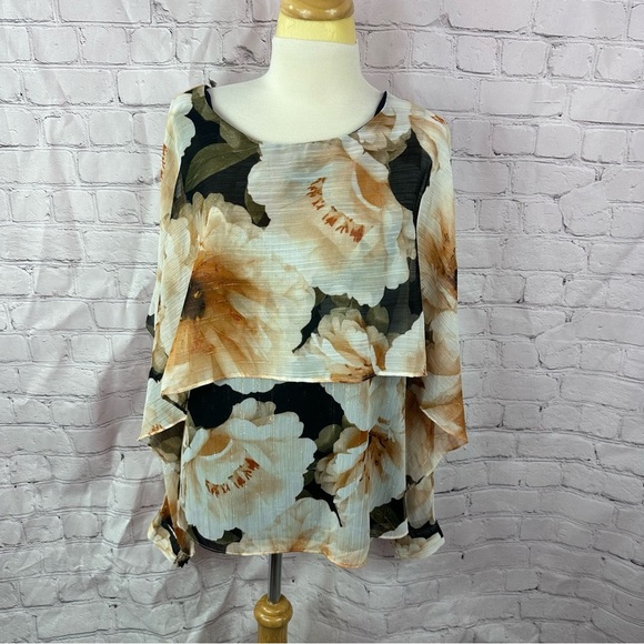 DKNY Beige Floral Layered ruffle peasant Blouse sz L boho coquette girl metallic - Picture 1 of 11